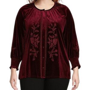 Calessa Button Up Down Shirt Womens Size 1X Red Floral Embroidered Velvet Boho